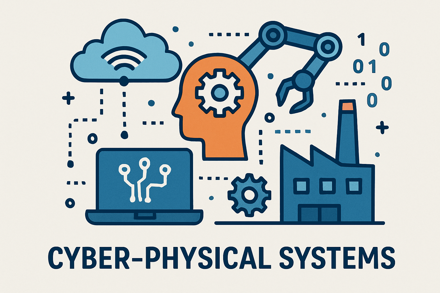 Illustration of cyber-physical systems: factory, robot arm, cloud, gears, and a laptop connected by data lines.